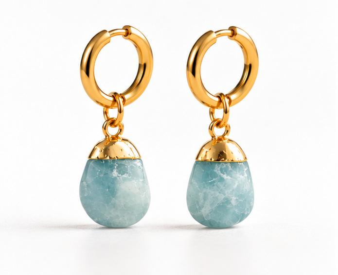 Aquamarine – Polished Gemstone Drop Earrings – Gold Plated