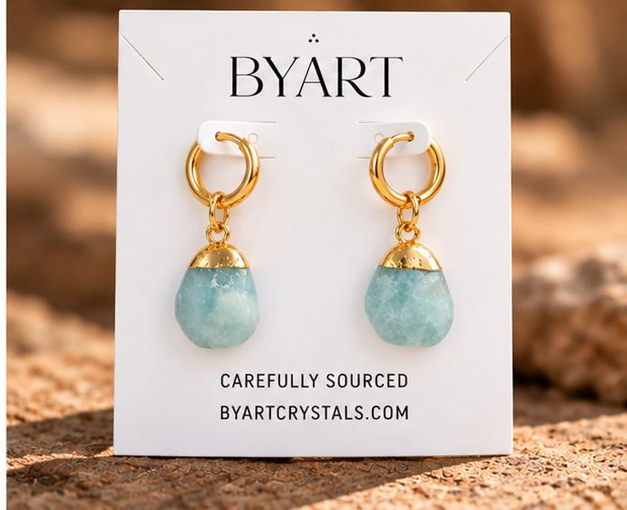 Aquamarine – Polished Gemstone Drop Earrings – Gold Plated