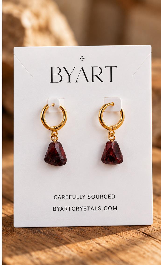 Garnet - Raw Hoop Earrings - Gold Plated