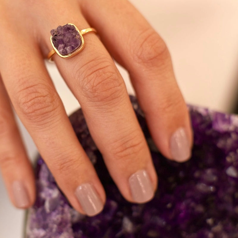 Raw Geode -  Amethyst Ring - Gold Plated - S