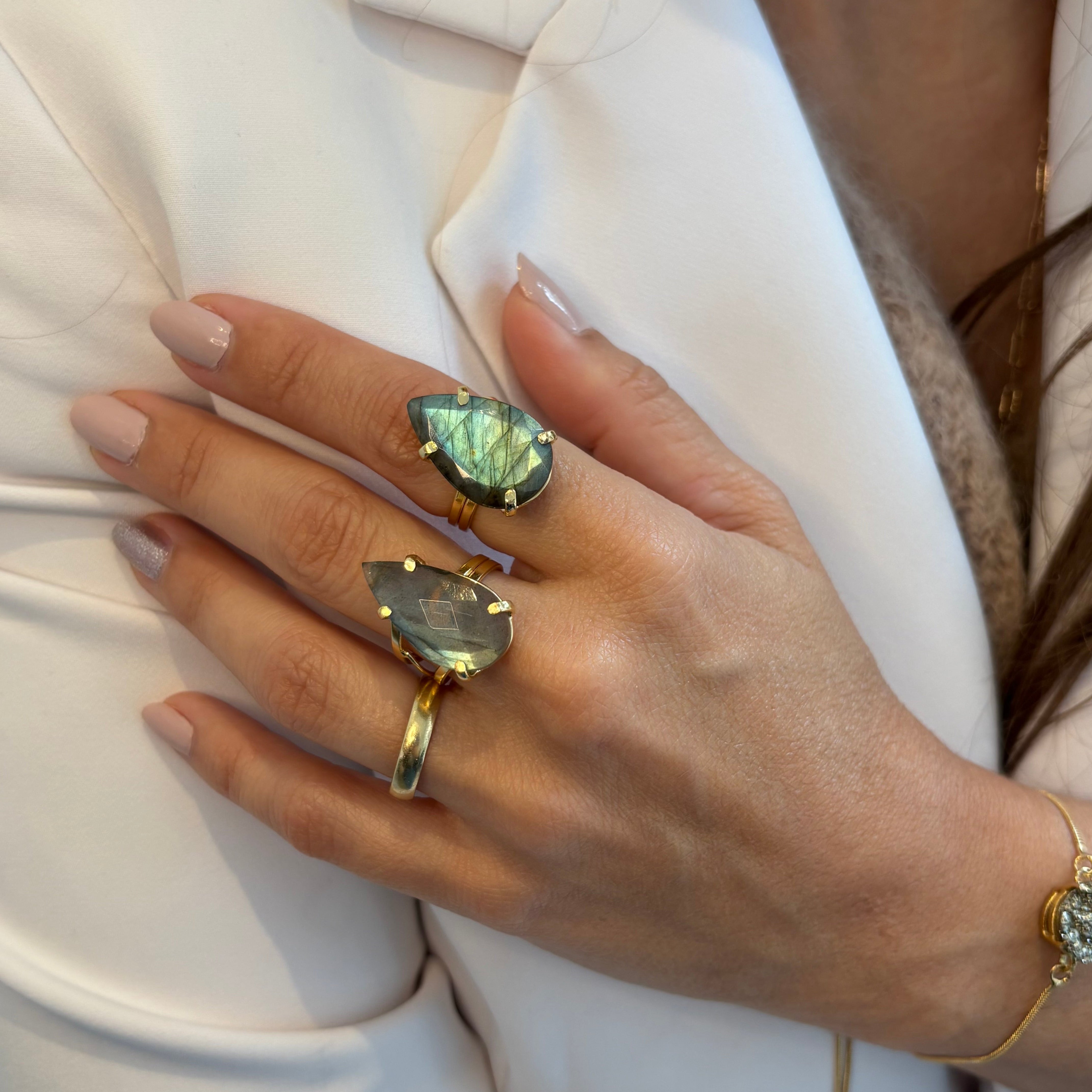 Labradorite Adjustable Drop Ring - Gold Plated
