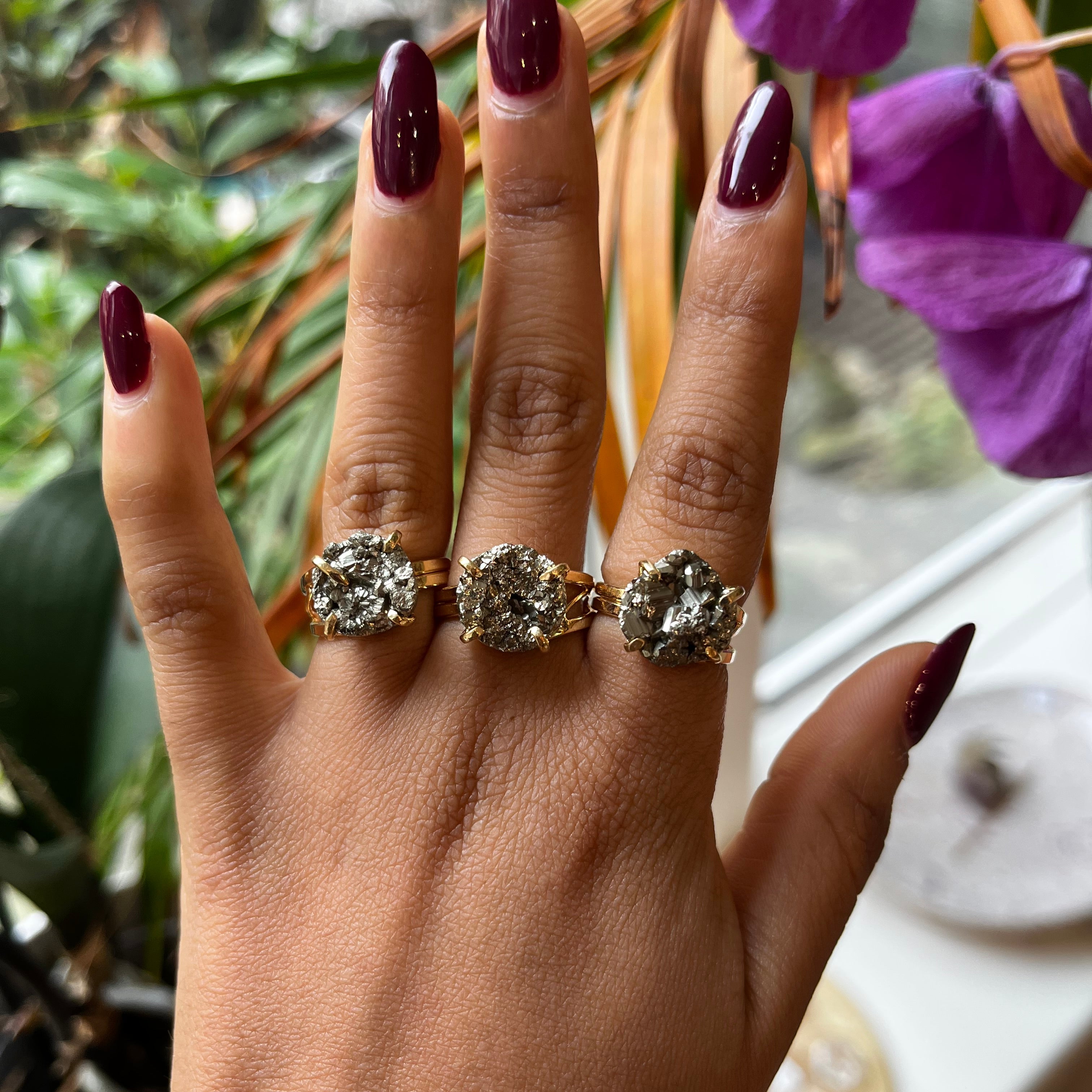 square shaped pyrite raw adjustable ring
