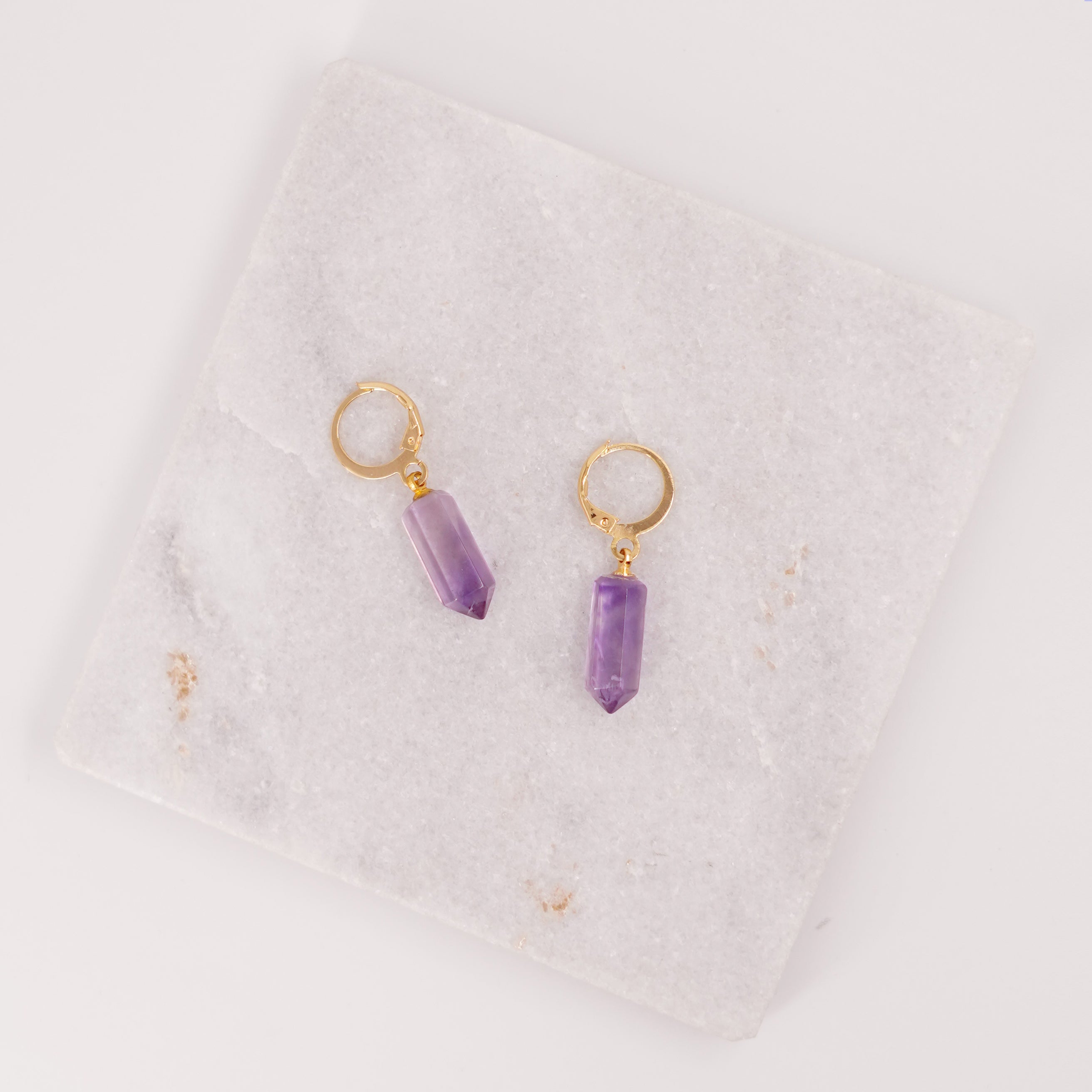 Amethyst Pointed Prism - Hoop Earrings - 18k Gold Plated