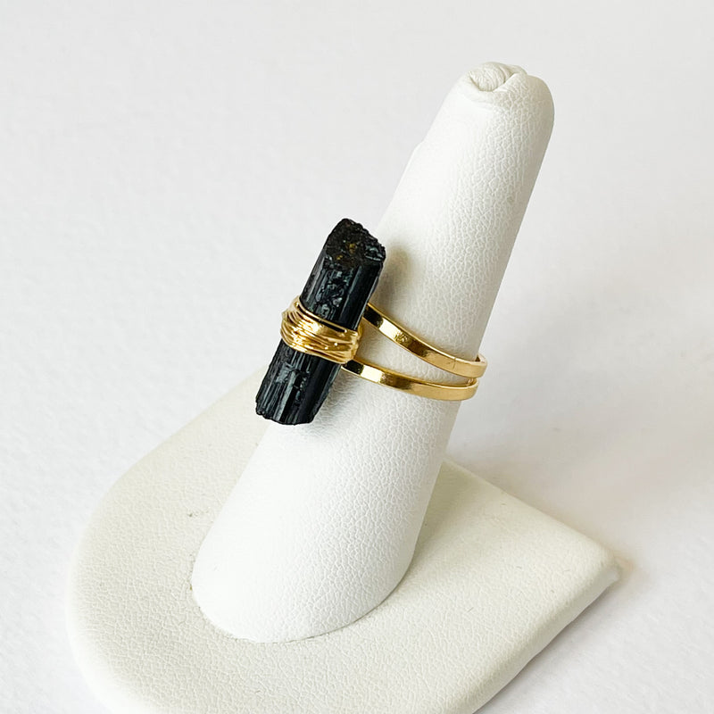 Black Tourmaline - Wrapped Raw Ring - Adjustable - Gold Plated