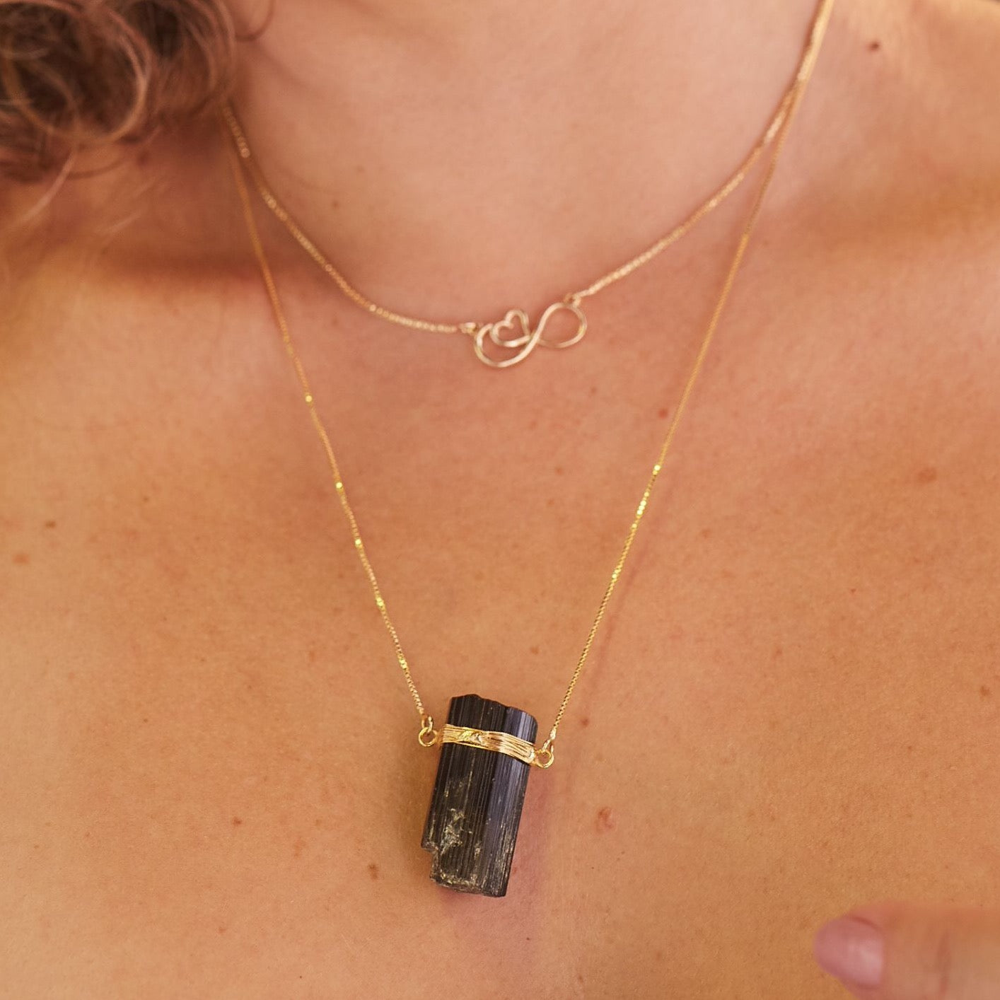 Black Tourmaline - Wrapped Raw Necklace - Gold Plated - L