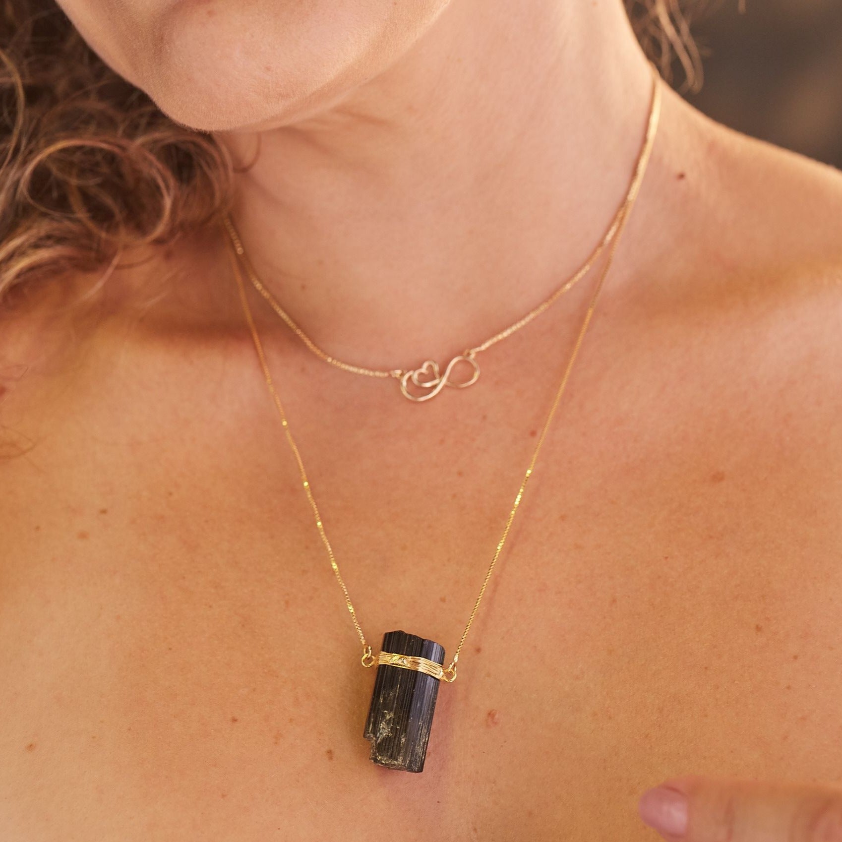 Black Tourmaline - Wrapped Raw Necklace - Gold Plated - L