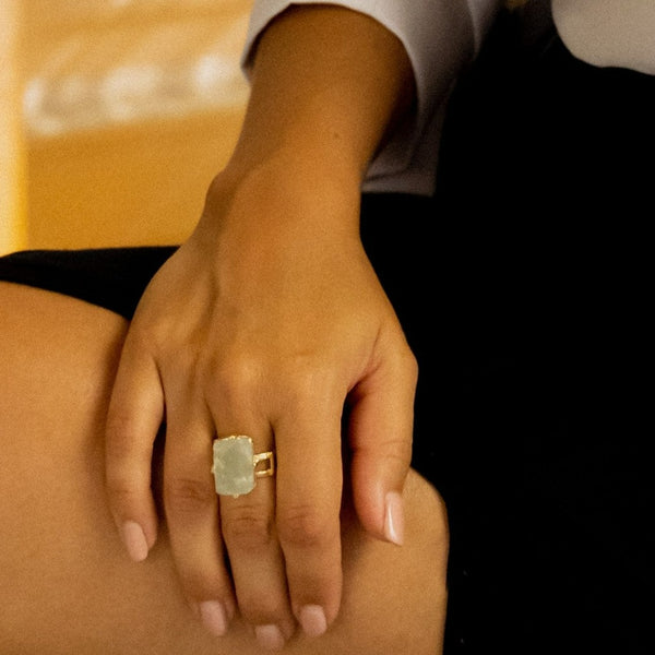 Ring Big Square Raw Aquamarine - 18k Gold Plated