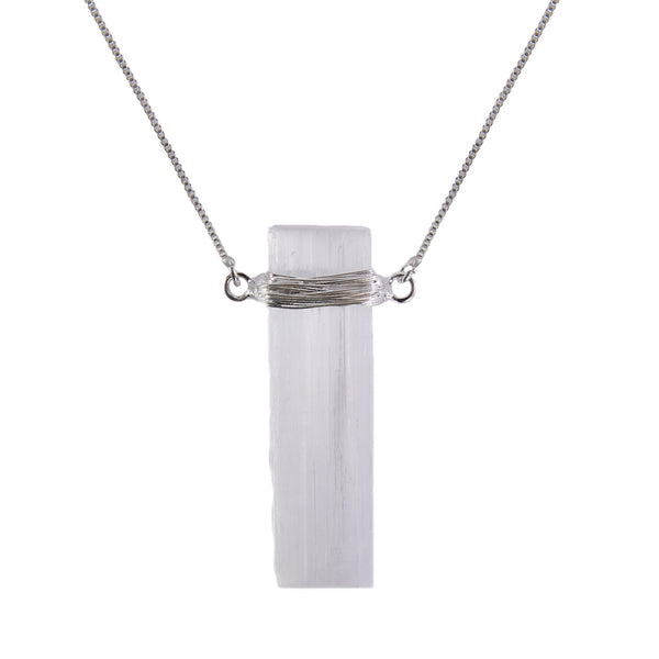 Selenite - Wrapped Raw Necklace - Silver Plated