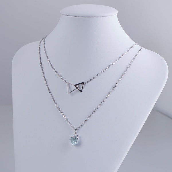 Aquamarine Triangle Necklace - Rhodium Plated
