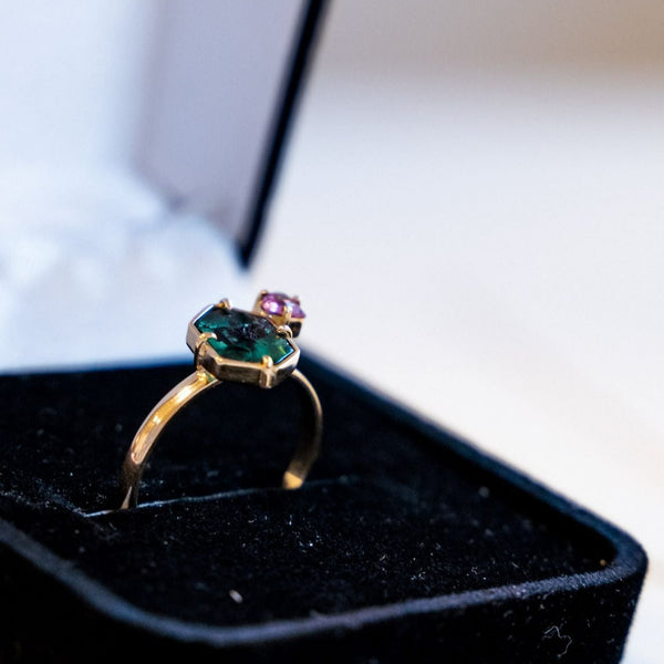 Flower Emerald Gold Ring 14k Pink Tourmaline