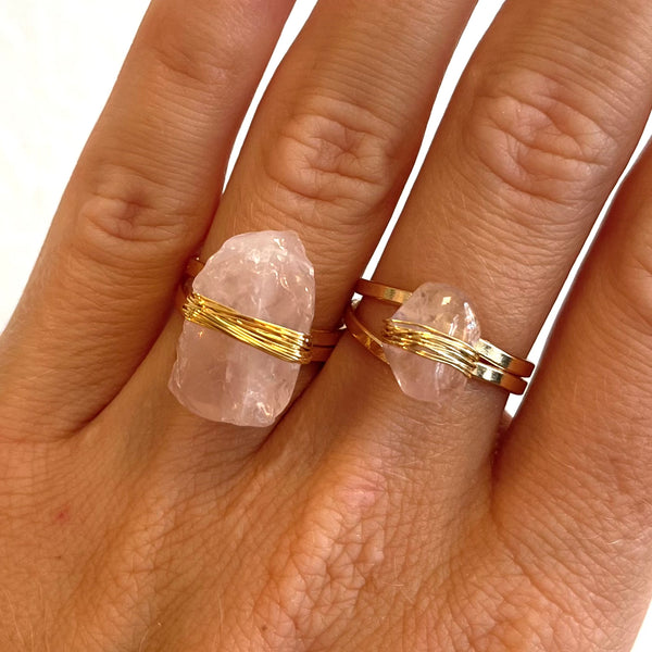 Raw Wrapped Rose Quartz - Gold Plated Adjustable Ring