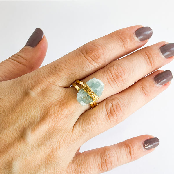 Raw Wrapped Aquamarine- Gold Plated Adjustable Ring
