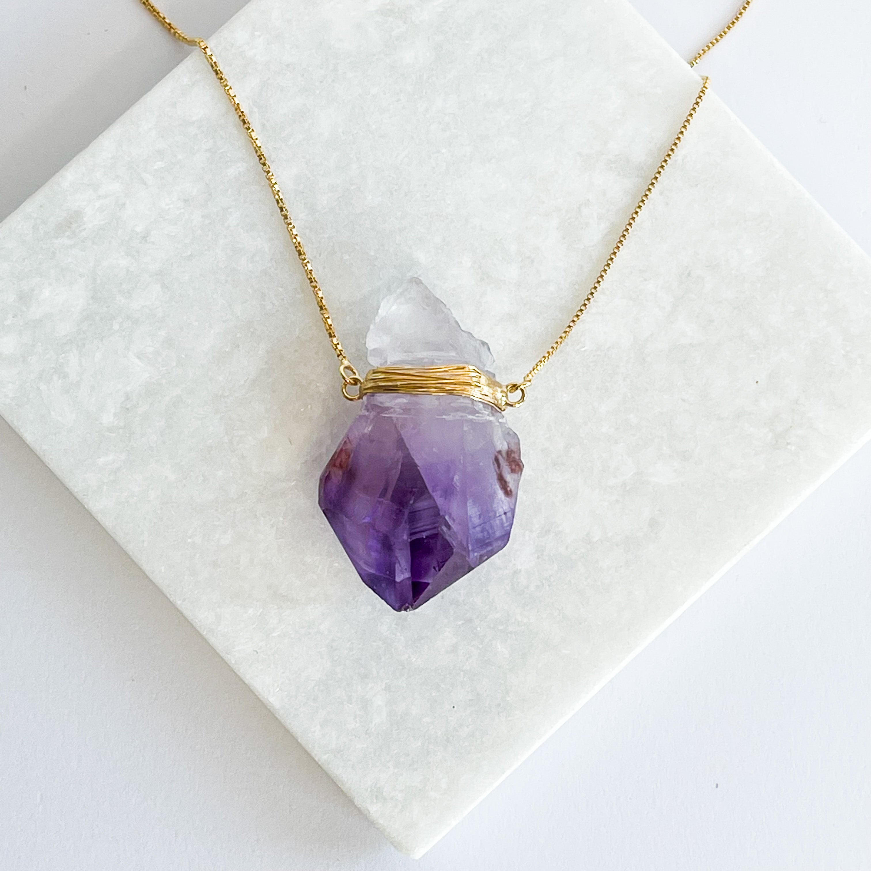 Amethyst - Wrapped Raw Pointed Necklace - Gold Plated - L