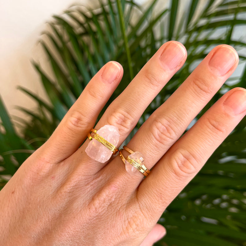 Rose Quartz - Wrapped Raw Ring - Adjustable - Gold Plated
